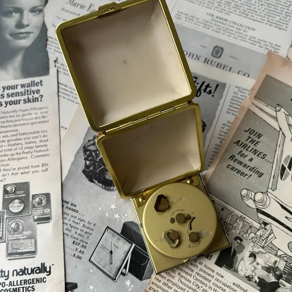 Vintage 1950s Rensie Red Travel Alarm Clock Japan Brass Folding Case Working
